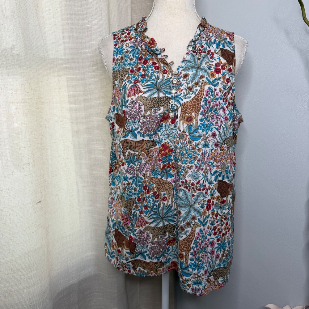 Talbots Blouse Safari Jungle Animal Bright Ruffle Sleeveless Cotton Women's‎ MP